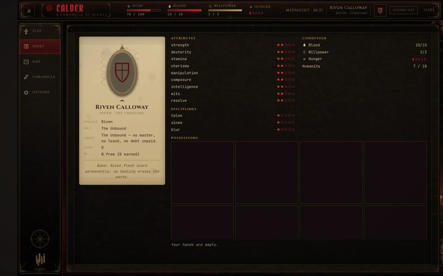 The character sheet: attributes, disciplines, conditions and possessions
