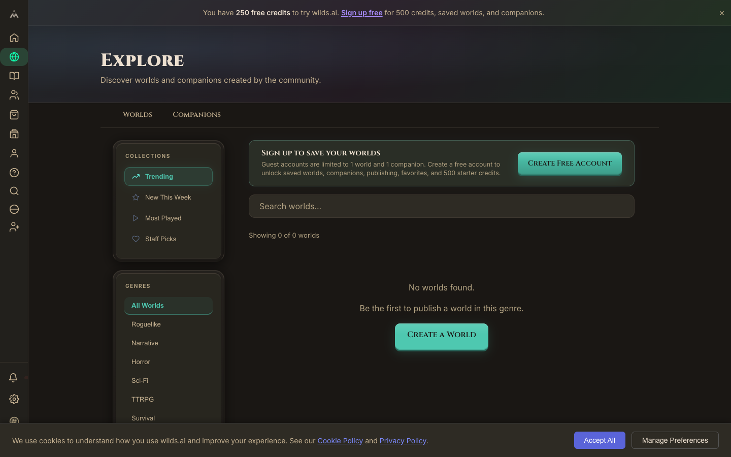 The Explore dashboard with the sticky left sidebar showing collections and genre filters, and a grid of world cards on the right