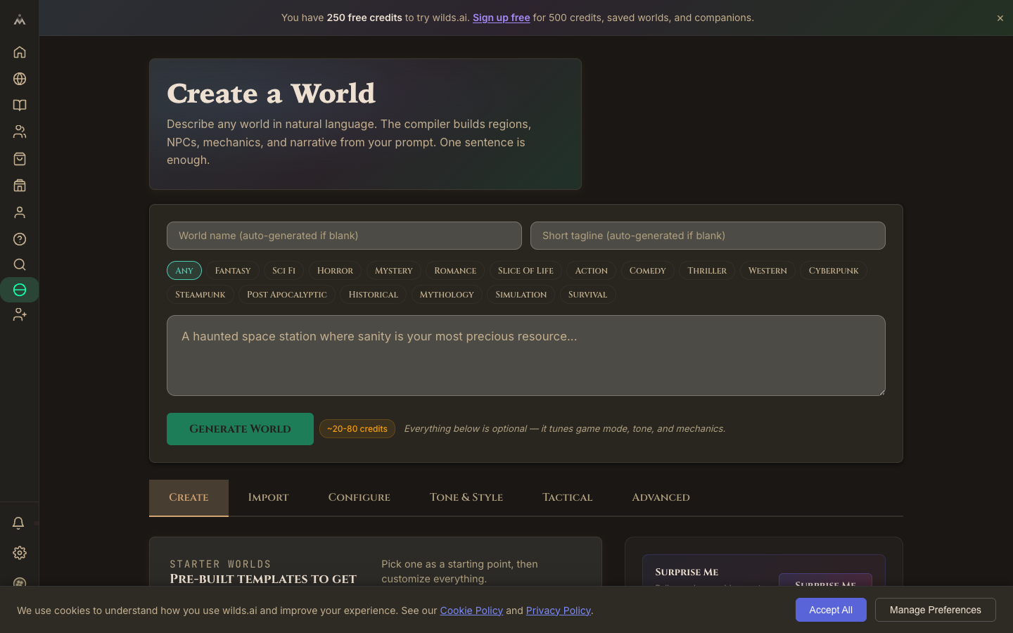 The world creation prompt input on wilds.ai. large text field with genre controls below
