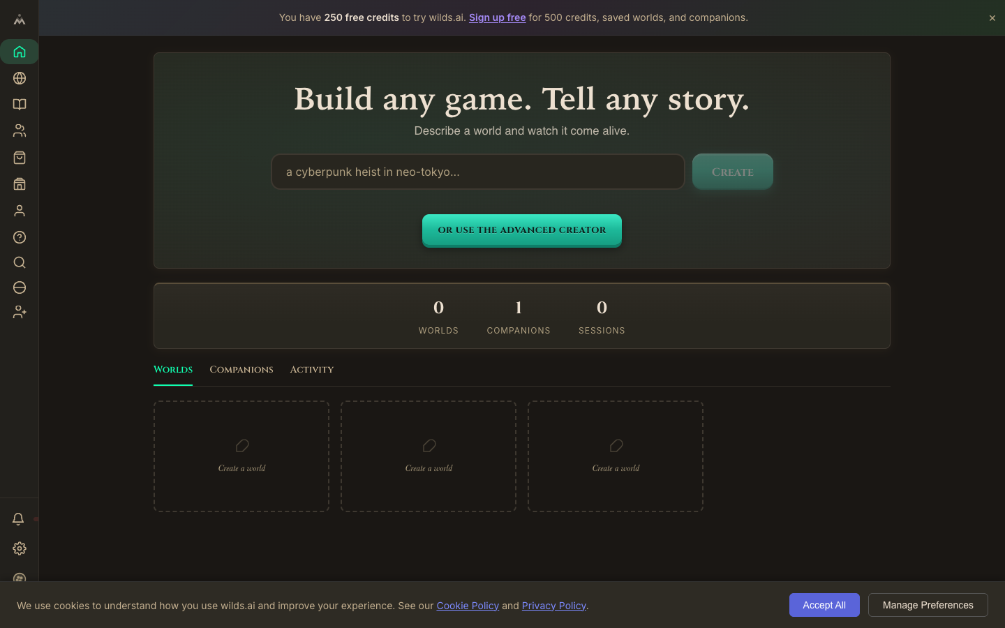A live game session on wilds.ai. chat input at the bottom, narrator prose, suggested quick actions, and a sidebar showing inventory