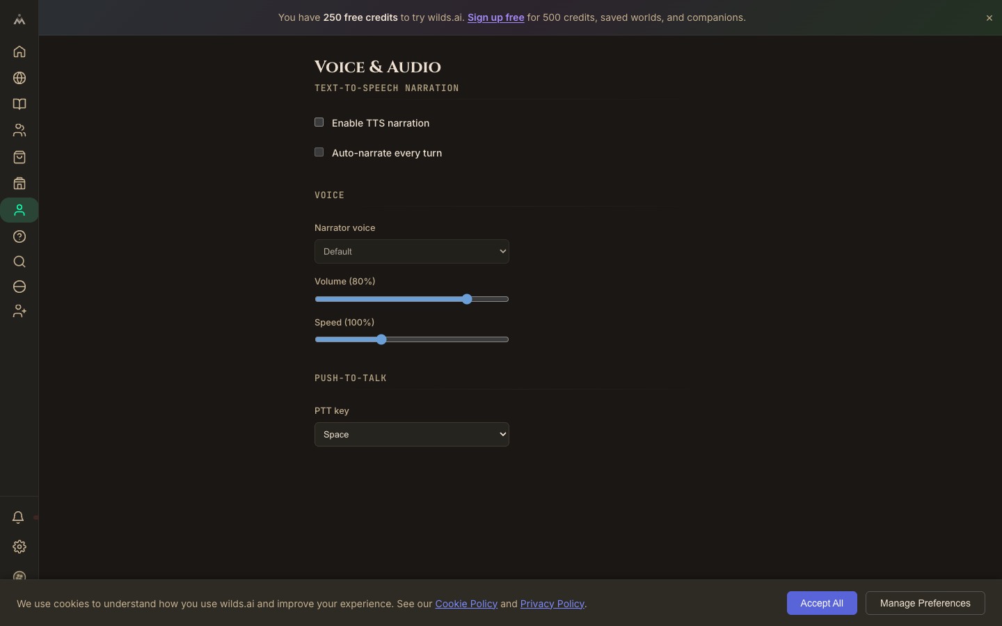 Voice input active in a game session. the microphone button is pulsing, live transcript rendering in the chat bar, and a settings gear for mode selection