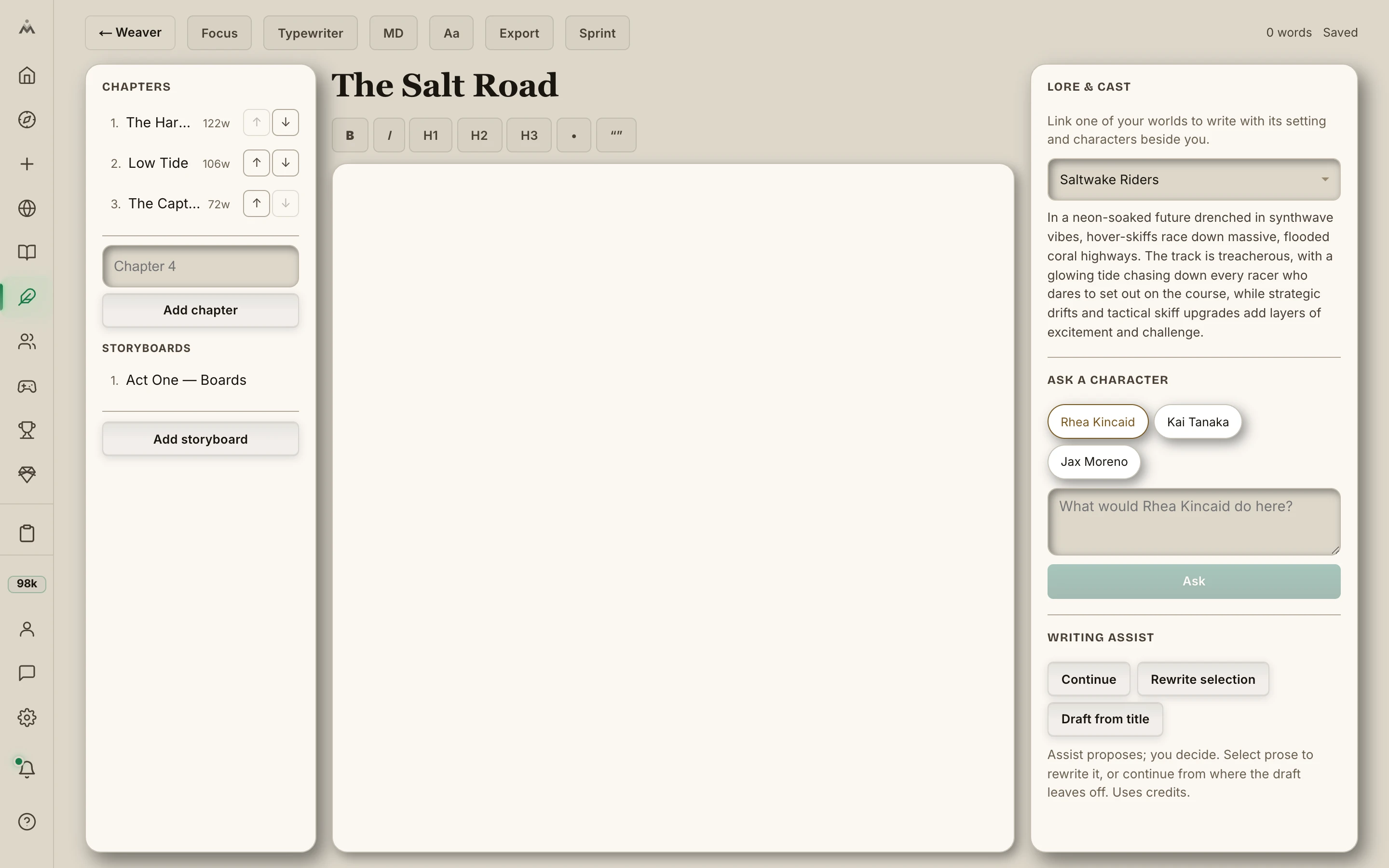 A book's binder in Weaver: chapters with live word counts, a storyboards section, and the linked world's cast — one click from compiling the whole manuscript.