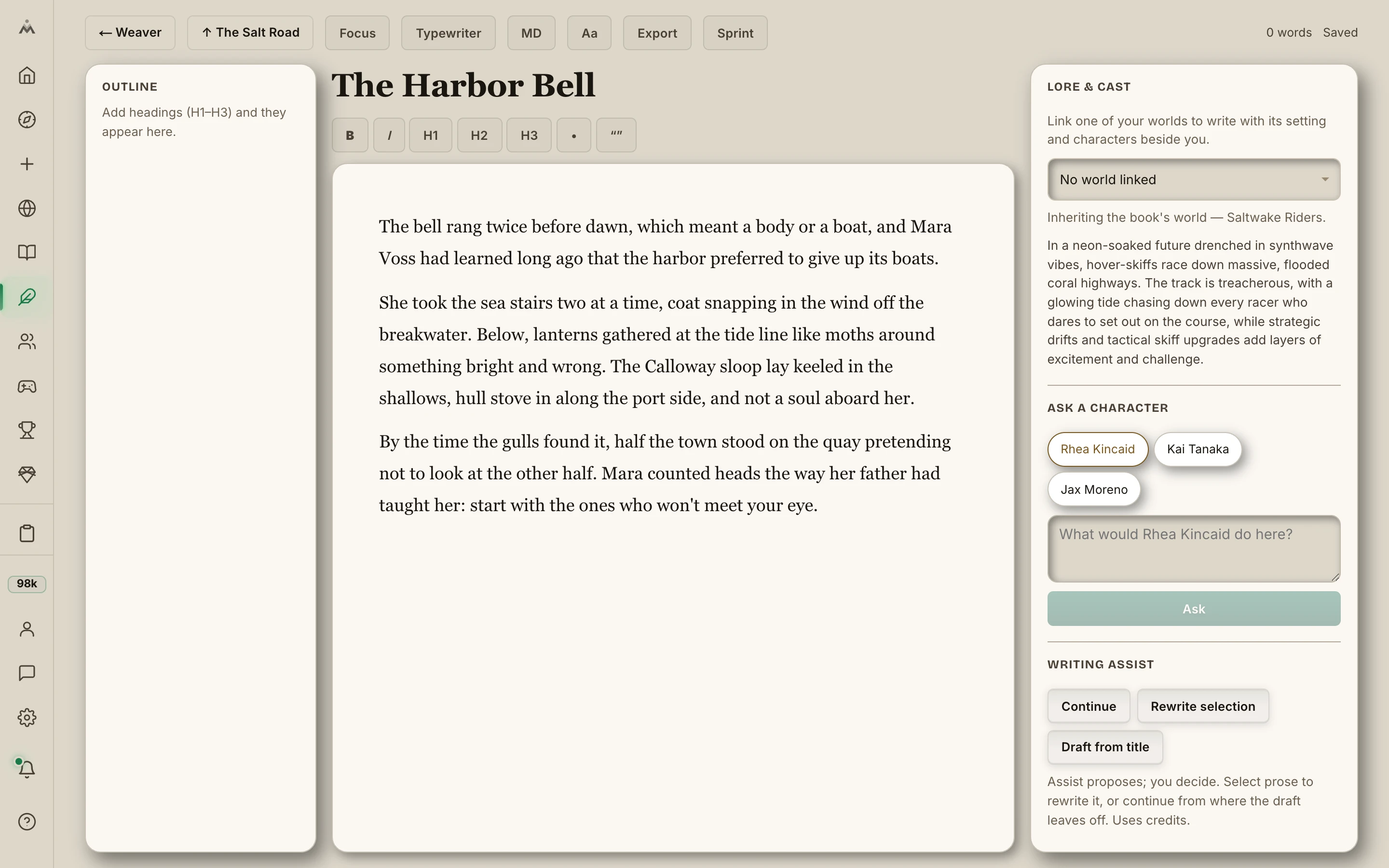 The Weaver desk: a chapter open with its live outline at left, the manuscript in the center, and the linked world's setting and cast on the right.