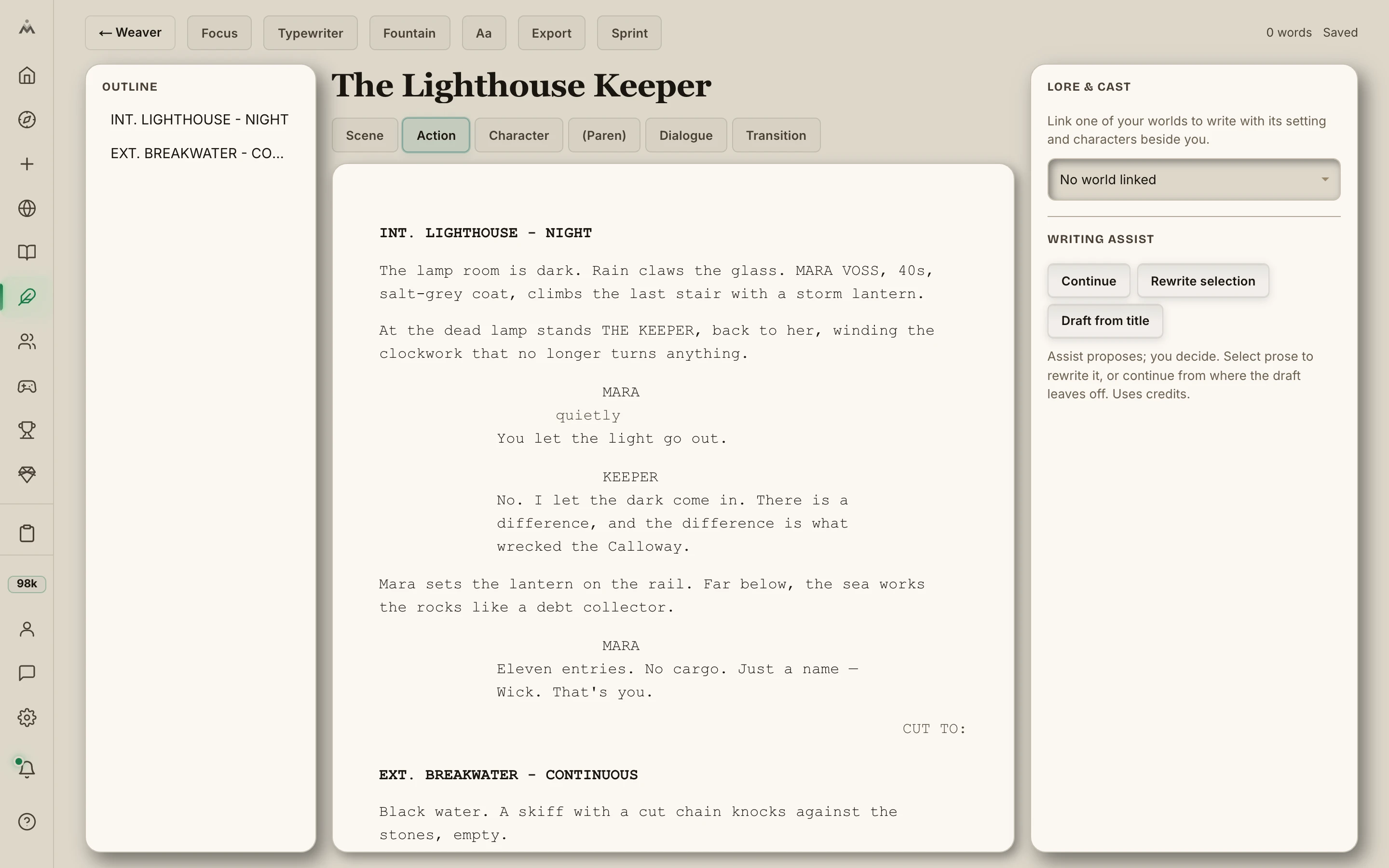 A screenplay in Weaver formatted to industry standard: scene heading, action, centered character cues, a parenthetical, indented dialogue, and a right-aligned transition, with a live scene outline.