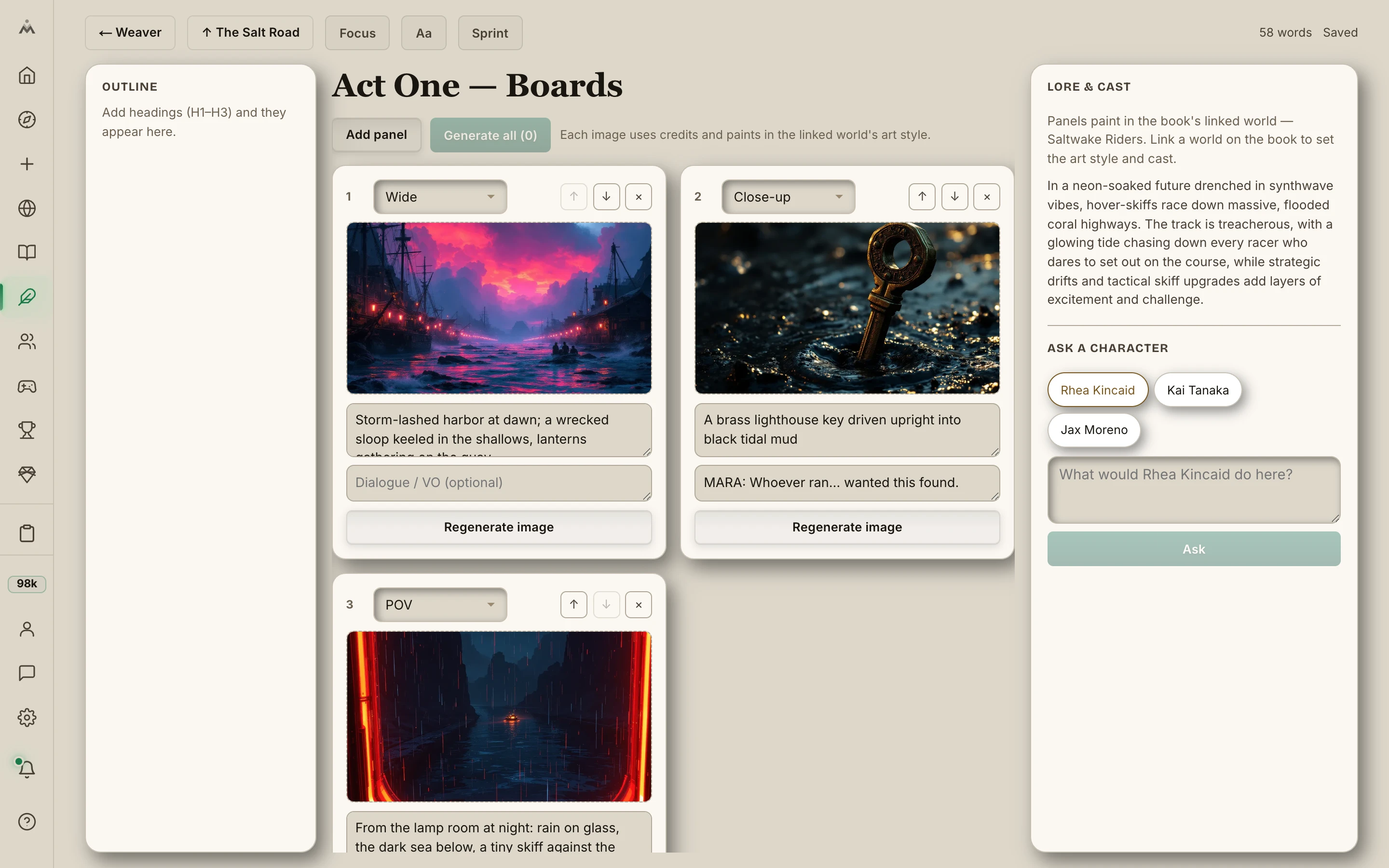 A storyboard in Wildweave: three panels — wide, close-up, and POV — each with a shot type, caption, and dialogue, painted in the linked world's art style.